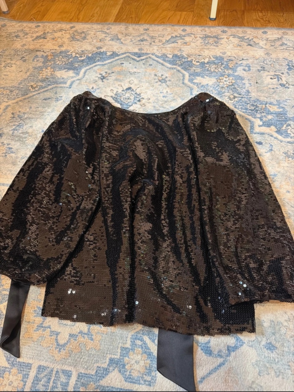 crown & ivy Black Sequin Puff-Sleeve Blouse